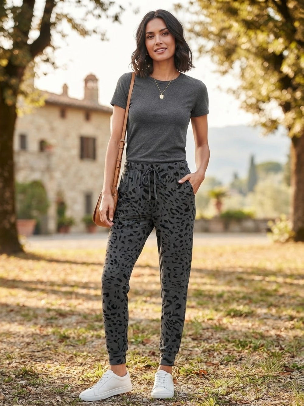 Women's Charcoal Grey Leopard Print Drawstring Jogger Pants